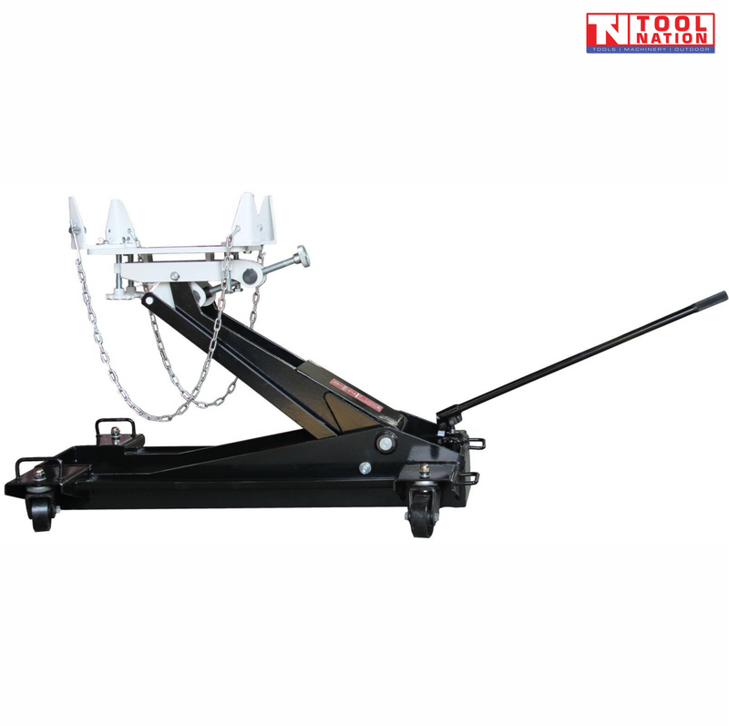 Side view of black hydraulic floor transmission jack with white adjustable saddle, safety chains, and long handle