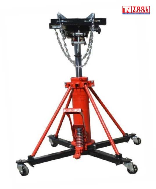 Vertical transmission jack with red hydraulic column, black adjustable saddle, safety chains, foot pedal, and caster base