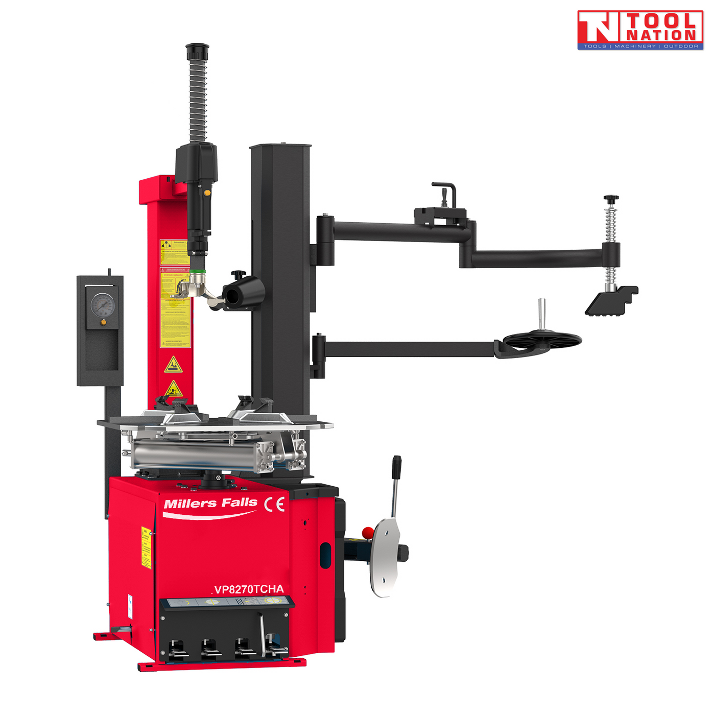 Red automatic tyre changer with tilt column, helper arm, pressure gauge, turntable clamps and side control lever, shown from the front.