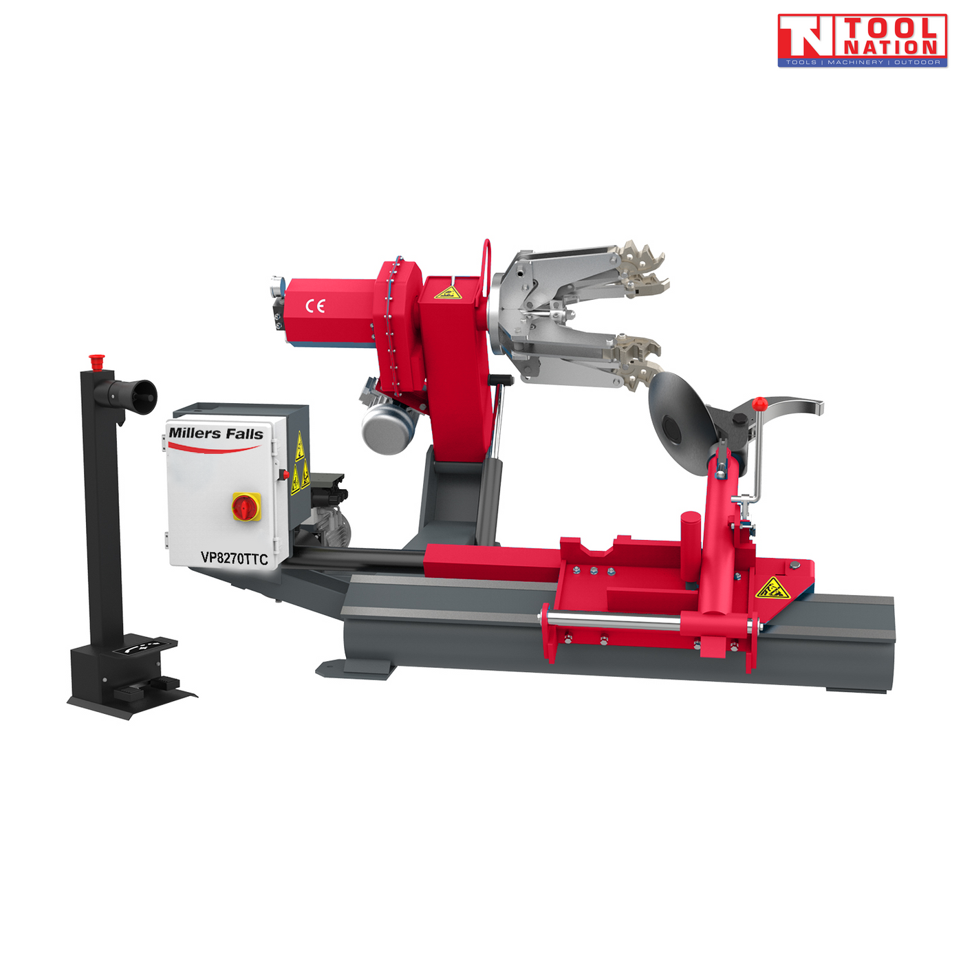 Red electro-hydraulic truck tyre changer with clamping jaws, bead breaker disc, control box and remote control stand, shown from the side.