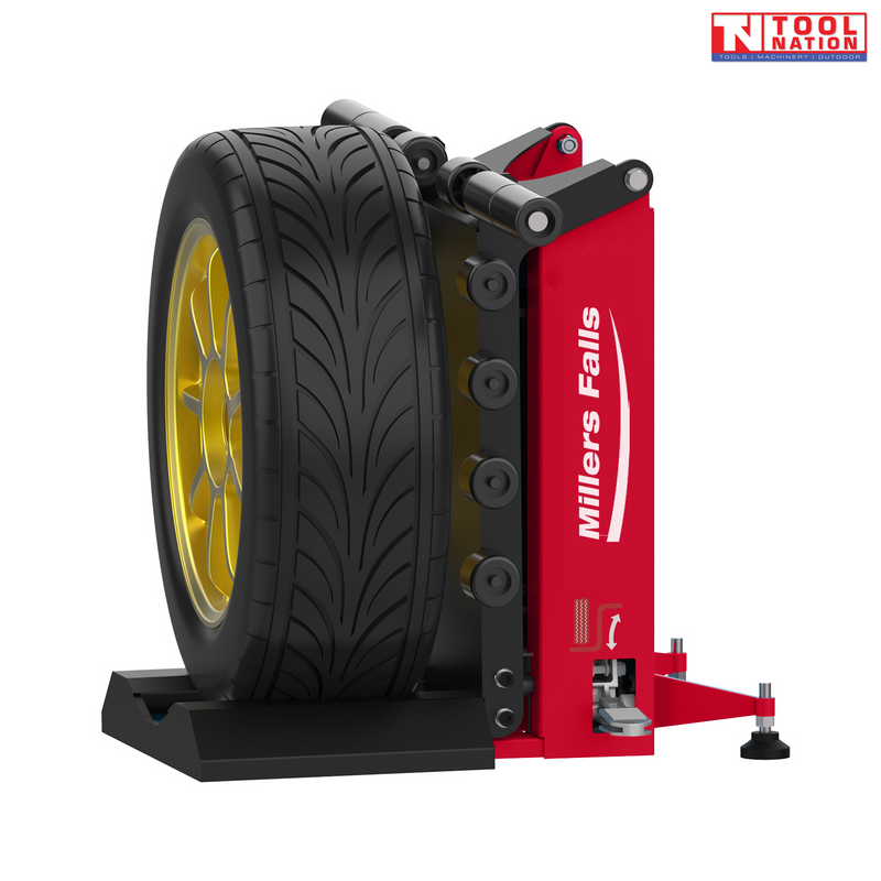 Red pneumatic wheel lifter holding an upright tyre with gold alloy rim on a black roller platform.