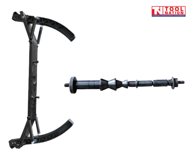 Motorcycle wheel balancer adaptor with curved black clamping arms and spindle shaft on a light grey background.