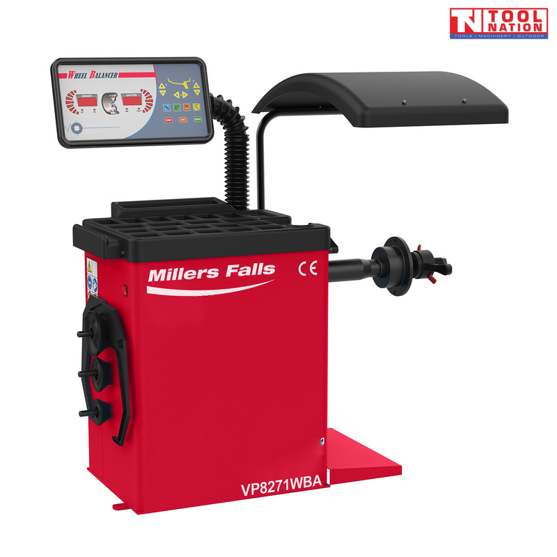 Red wheel balancer with digital display, top tray, side cone holders, wheel shaft, and black safety hood on a light grey background.