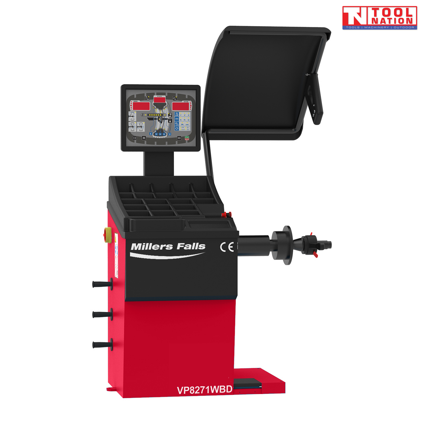 Red and black wheel balancer with digital display, top storage tray, side cone holders, spindle shaft, and raised black wheel guard on a light grey background.