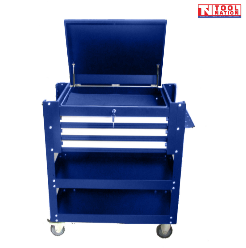 Front view of blue mechanics cart with lid open, three drawers, and lower shelves