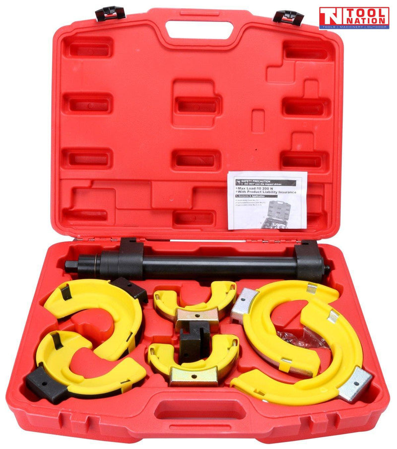MacPherson strut spring compressor kit in red case with interchangeable jaws for automotive suspension repair