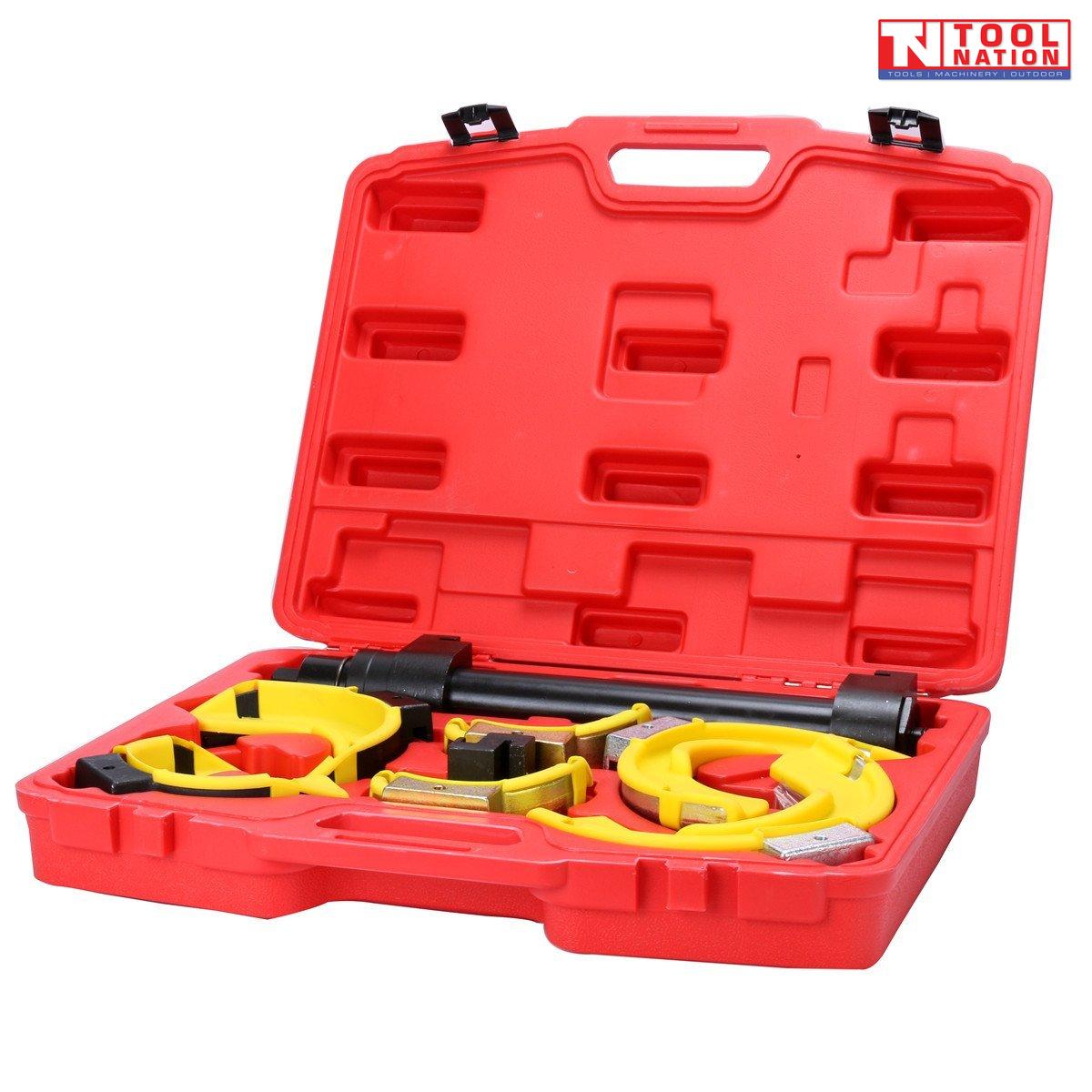 Coil spring compressor kit in durable red carry case with automotive suspension service tools inside