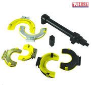 Strut spring compressor components with interchangeable safety jaws and compression tool for vehicle repair