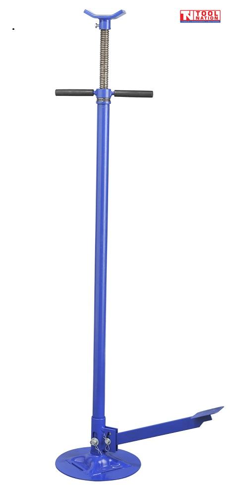 Blue underbody hoist support stand with threaded saddle, side handles, foot pedal, and round base plate