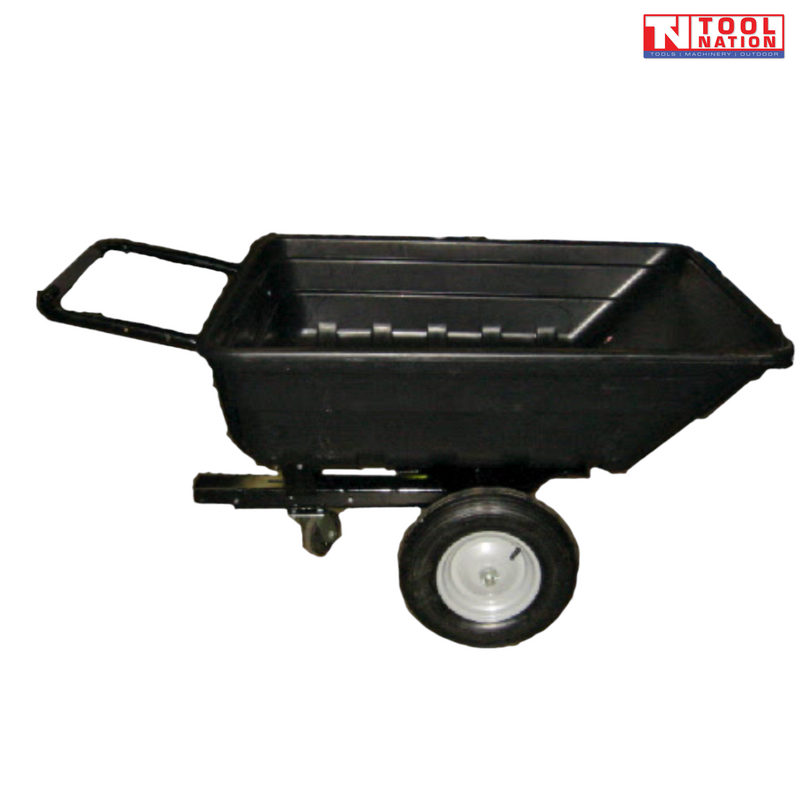 Black dump cart shown from the side with an open tub, pull handle, two wheels, small swivel wheel and Tool Nation logo.