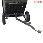 Close-up rear view of a black tow-behind dump cart showing the underside frame, long drawbar, metal pin and two treaded wheels.