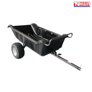 Black tow-behind dump cart shown from above with an open tub, long drawbar, handle loop, metal pin, two treaded wheels and Tool Nation logo.