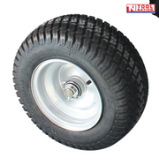 Close-up of a black treaded tyre with a silver wheel rim, central pin and Tool Nation logo.