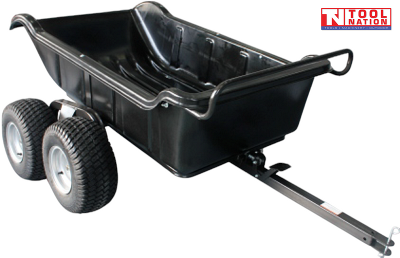 Black tow-behind dump cart shown from above with an open tub, long drawbar, handle loop, metal pin, four treaded wheels and Tool Nation logo.