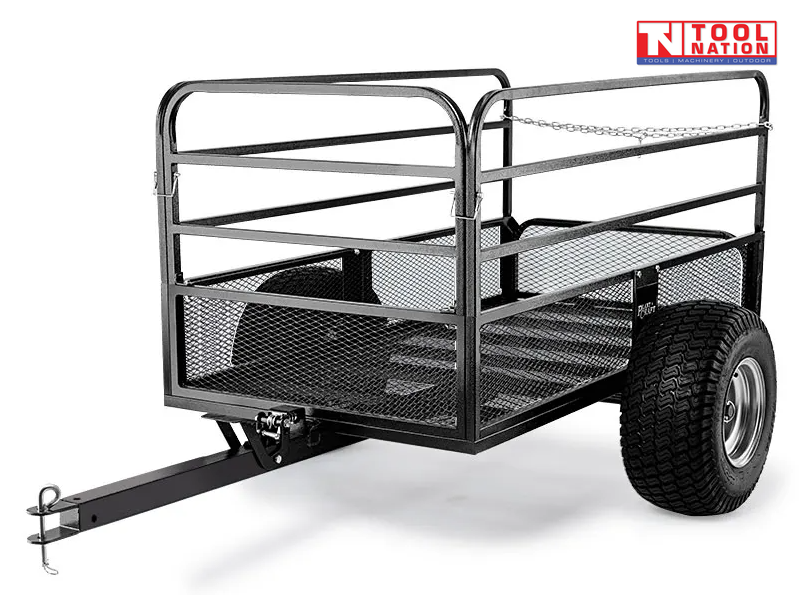 Black mesh-sided trailer shown from the front side with a long drawbar, metal hitch pin, side rails and two treaded tyres.
