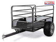 Black mesh-sided trailer shown from the front side with a long drawbar, metal hitch pin, side rails and two treaded tyres.