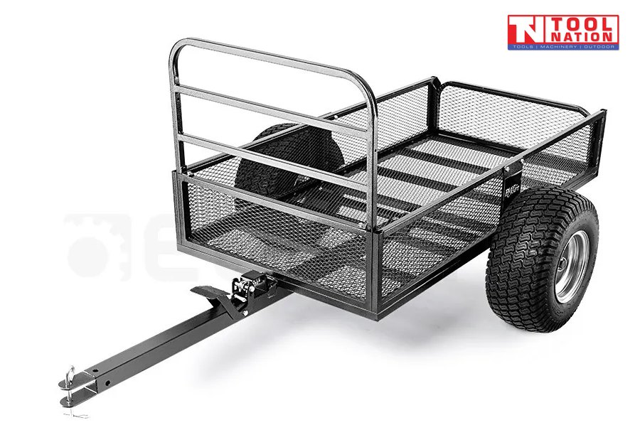 Black mesh-sided trailer shown from the front side with a long drawbar, metal hitch pin, side rails, two treaded tyres and Tool Nation logo.