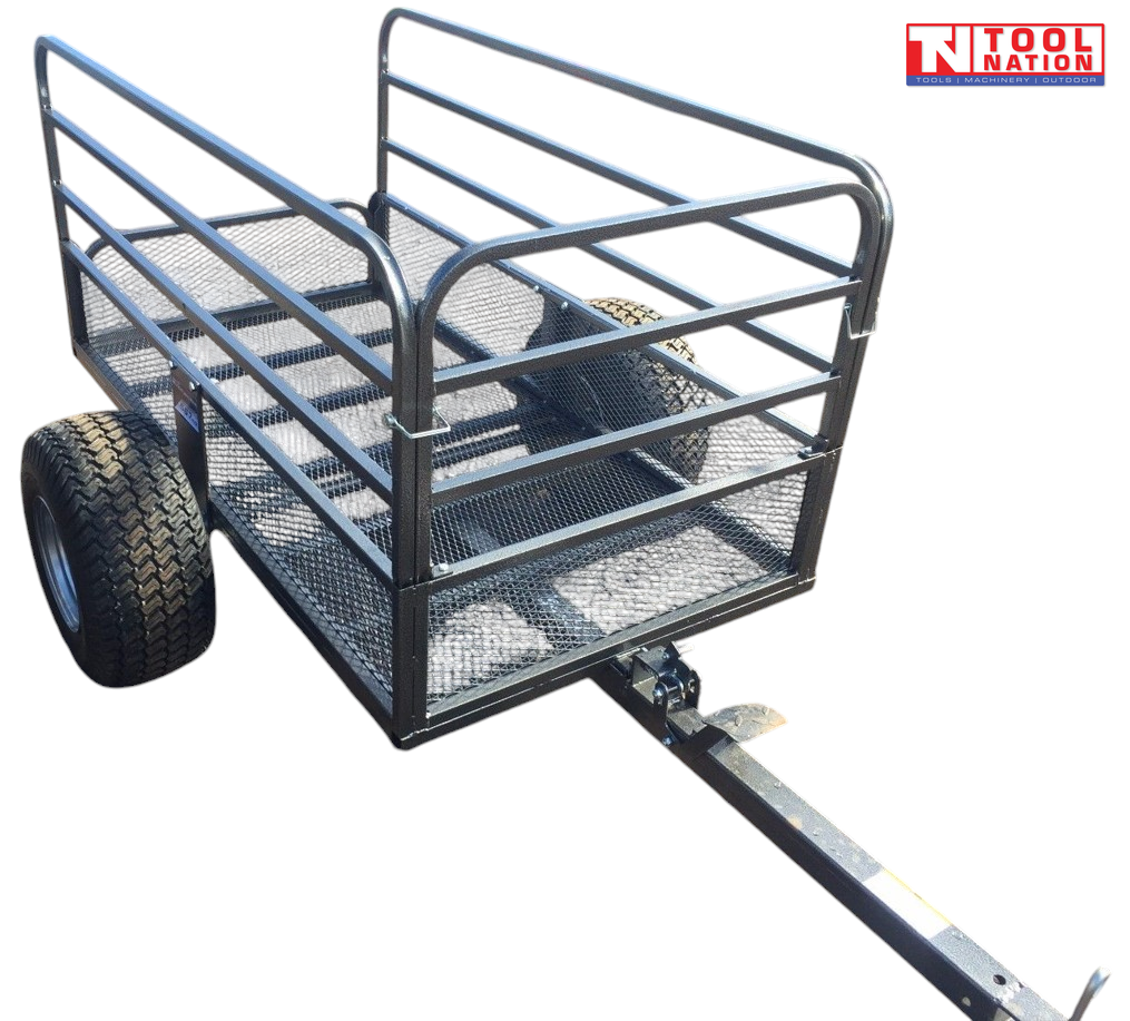 Black mesh-sided trailer shown from the rear side with a long drawbar, side rails, mesh panels, two treaded tyres and Tool Nation logo.