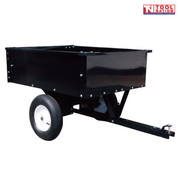 Black tow-behind steel dump cart shown from the front side with an open tray, long drawbar, hitch pin, two treaded tyres and Tool Nation logo.
