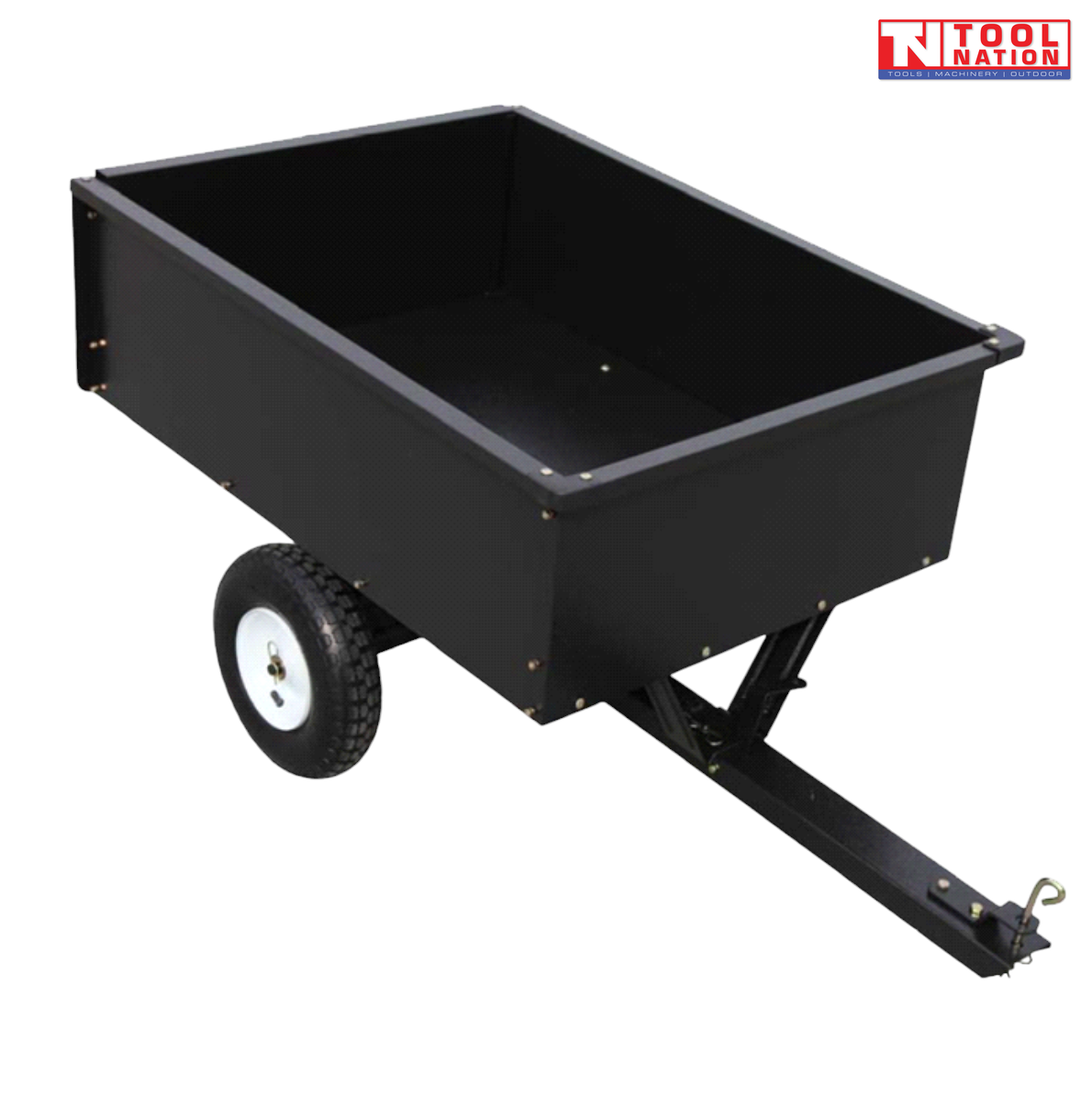 Black tow-behind steel dump cart shown from the rear side with an open tray, long drawbar, two treaded tyres and Tool Nation logo.