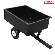 Black tow-behind steel dump cart shown from the rear side with an open tray, long drawbar, two treaded tyres and Tool Nation logo.