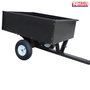 Black tow-behind steel dump cart shown from above with an open tray, long drawbar, hitch pin, two treaded tyres and Tool Nation logo.