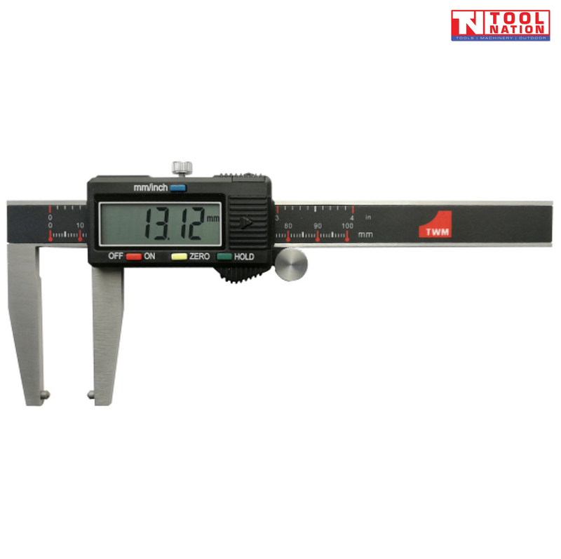 Digital vernier caliper with LCD display for precise internal and external measurements in mm and inches