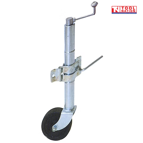 Vertical view of silver jockey wheel with clamp bracket, crank handle, and black solid wheel
