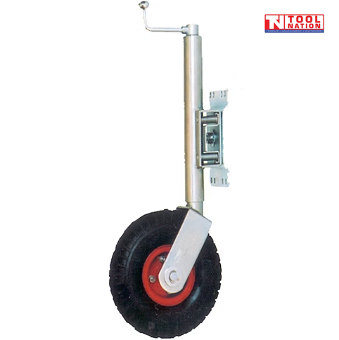 Vertical view of silver swing-up jockey wheel with clamp bracket, crank handle, and black pneumatic tyre
