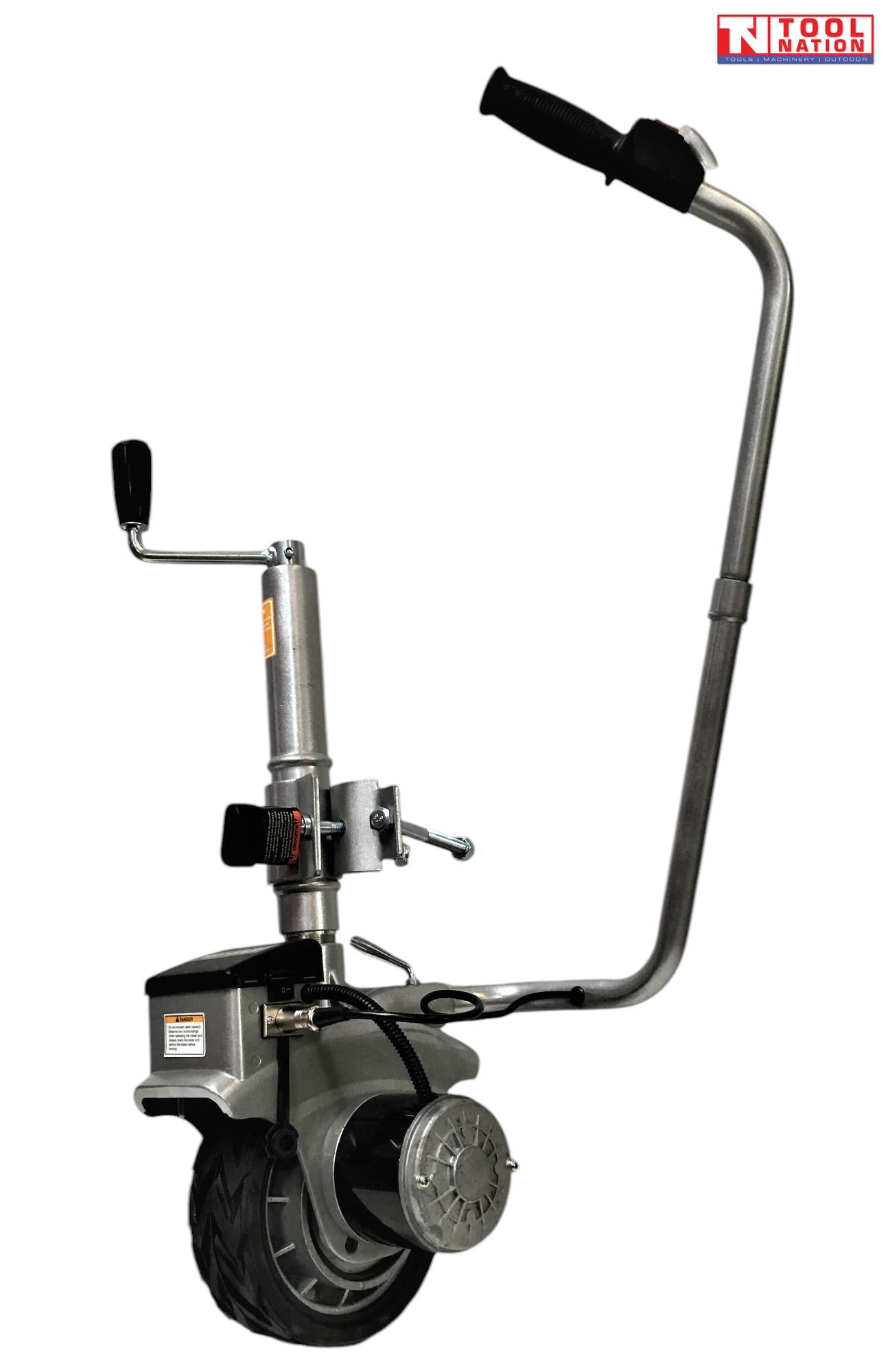 Silver motorised jockey wheel with black rubber tyre, clamp bracket, hand crank, and curved control handle