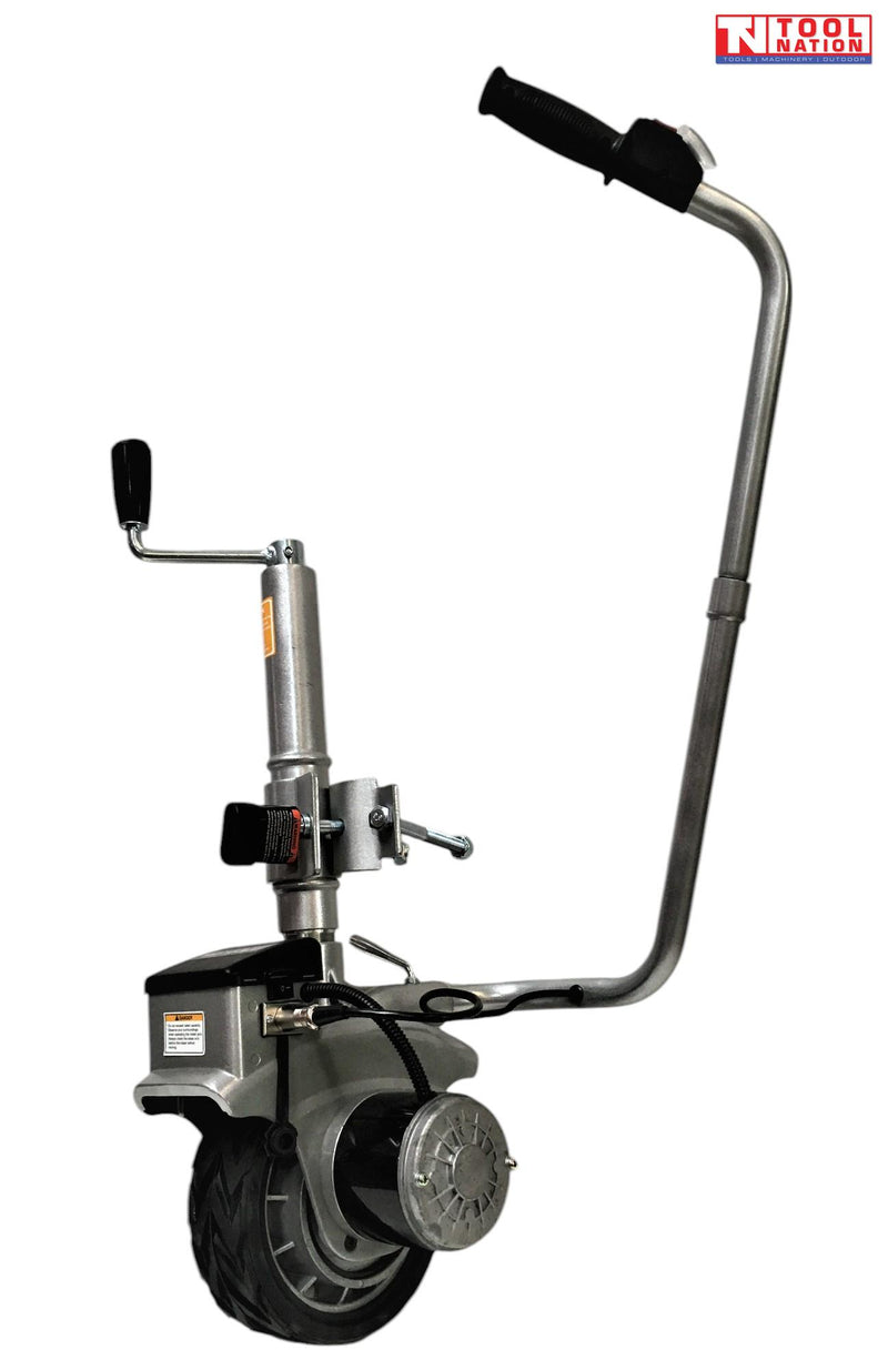 Silver motorised jockey wheel with black rubber tyre, clamp bracket, hand crank, and curved control handle