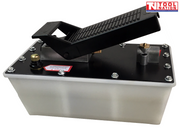 Hydraulic foot pump with black pedal, black top plate, and translucent rectangular oil reservoir