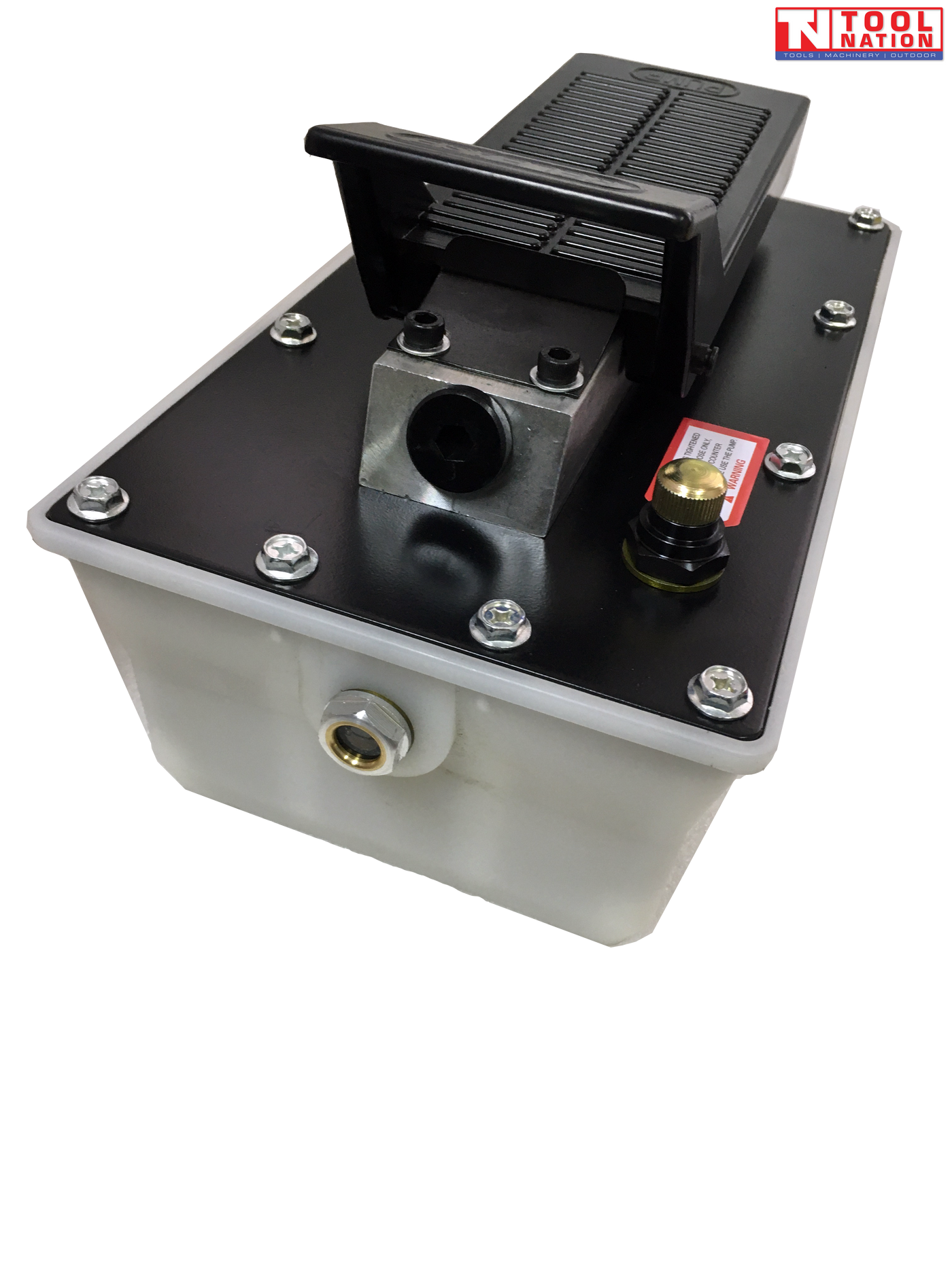 Front angled view of hydraulic foot pump with black pedal, black top plate, and translucent oil reservoir