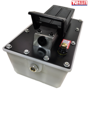 Front angled view of hydraulic foot pump with black pedal, black top plate, and translucent oil reservoir