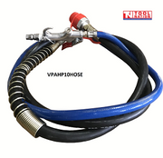 Coiled black and blue hydraulic hose with metal fittings and red connector