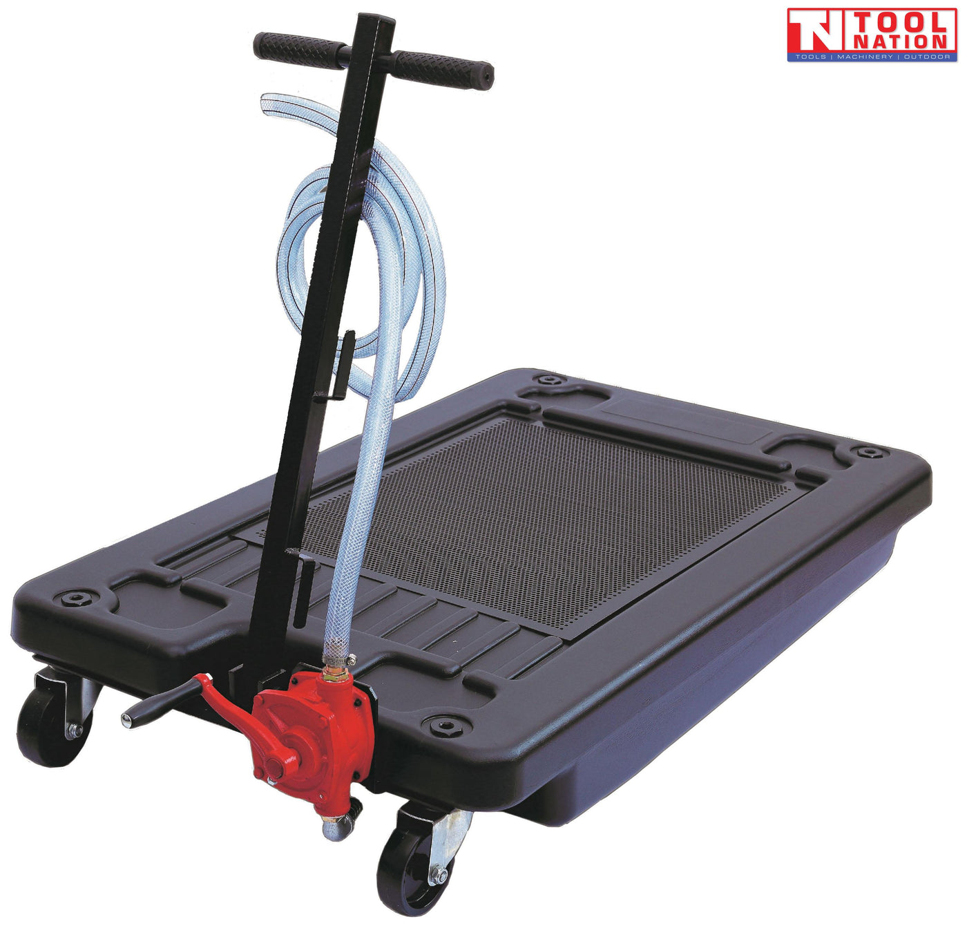 Rear angled view of black floor oil drainer with red manual pump, clear hose, and four caster wheels