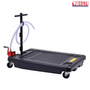 Angled side view of black floor oil drainer with red manual pump, clear hose, and four caster wheels