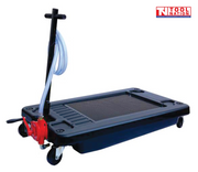 Rear three-quarter view of black floor oil drainer with red manual pump, clear hose, and four caster wheels