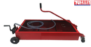 Side view of red steel floor oil drainer with black manual pump, grey hose, and long push handle