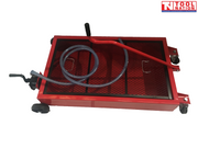 Top angled view of red steel floor oil drainer with black mesh screen, grey hose, and long push handle