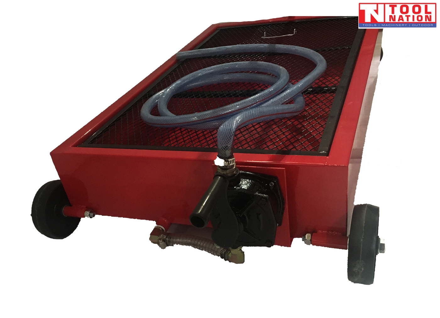 Front corner view of red steel floor oil drainer with black manual pump, grey hose, and rear wheels