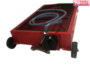 Front corner view of red steel floor oil drainer with black manual pump, grey hose, and rear wheels