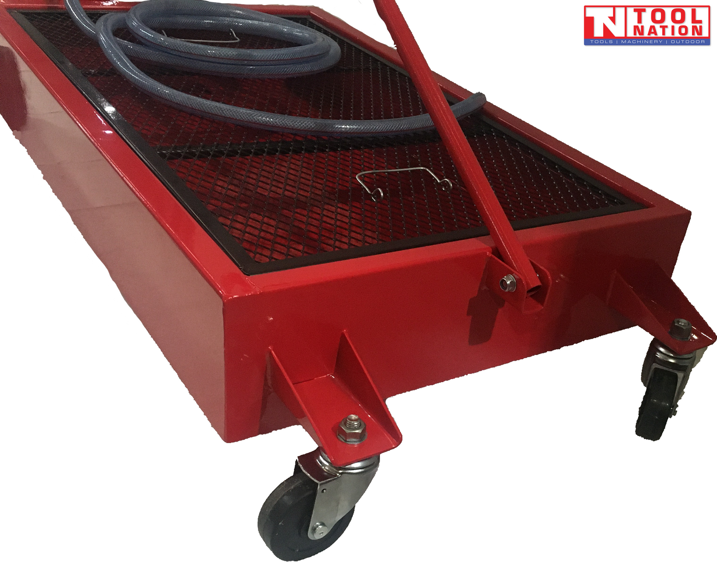 Rear corner close-up of red steel floor oil drainer with caster wheels, black mesh screen, and push handle
