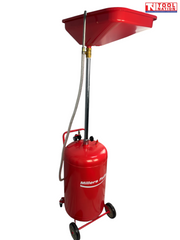Rear three-quarter view of red vertical oil drainer with large drain bowl, flexible hose, and wheeled tank
