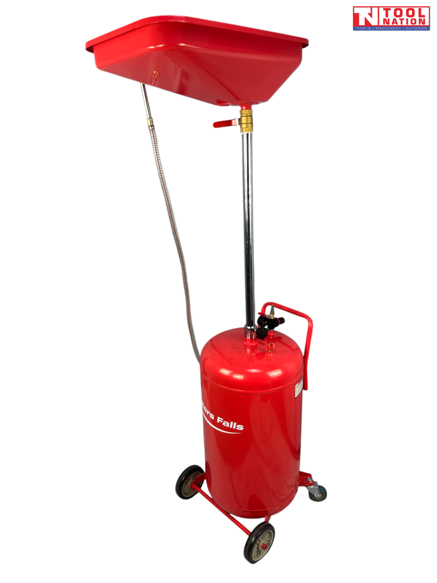 Red vertical oil drainer with large drain bowl, chrome support tube, flexible discharge hose, and wheeled tank