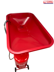 Top view of red oil drain bowl with built-in strainer and curved metal guide tube