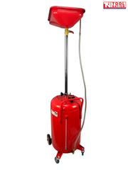 Front view of red vertical oil drainer with large drain bowl, flexible hose, and wheeled tank