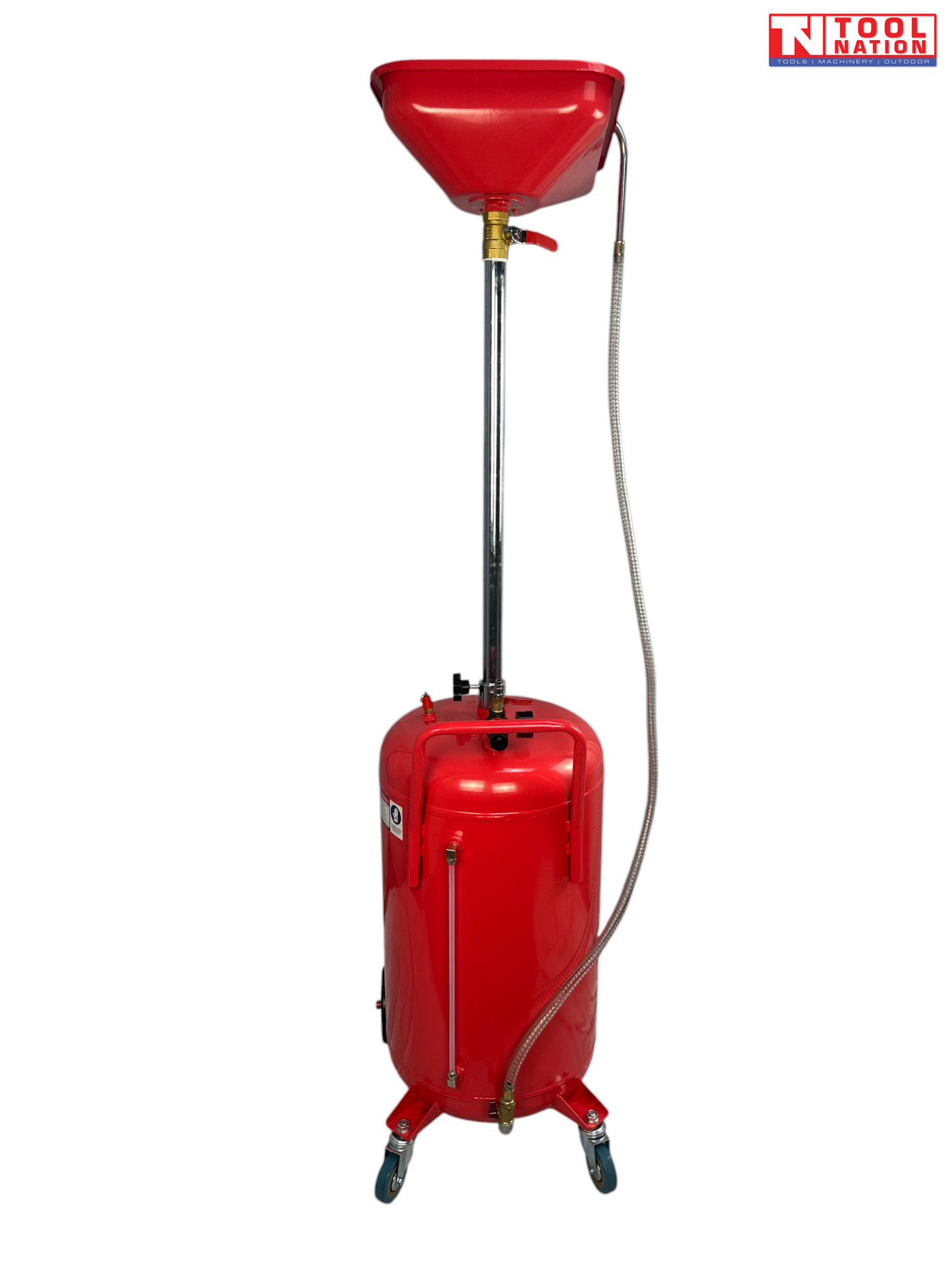 Rear view of red vertical oil drainer with large drain bowl, flexible hose, and wheeled tank