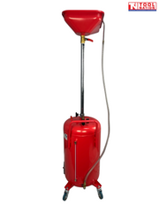 Rear view of red vertical oil drainer with large drain bowl, flexible hose, and wheeled tank