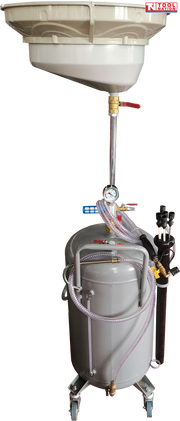 Grey air operated vertical oil drainer with large white collection bowl, pressure gauge, hoses, and caster wheels